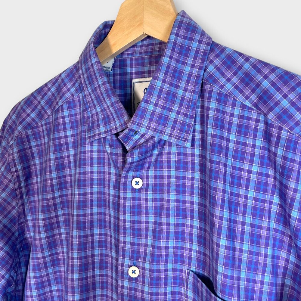 David Donahue Shirt Mens MEDIUM Blue Purple Plaid Button Up 100% Cotton